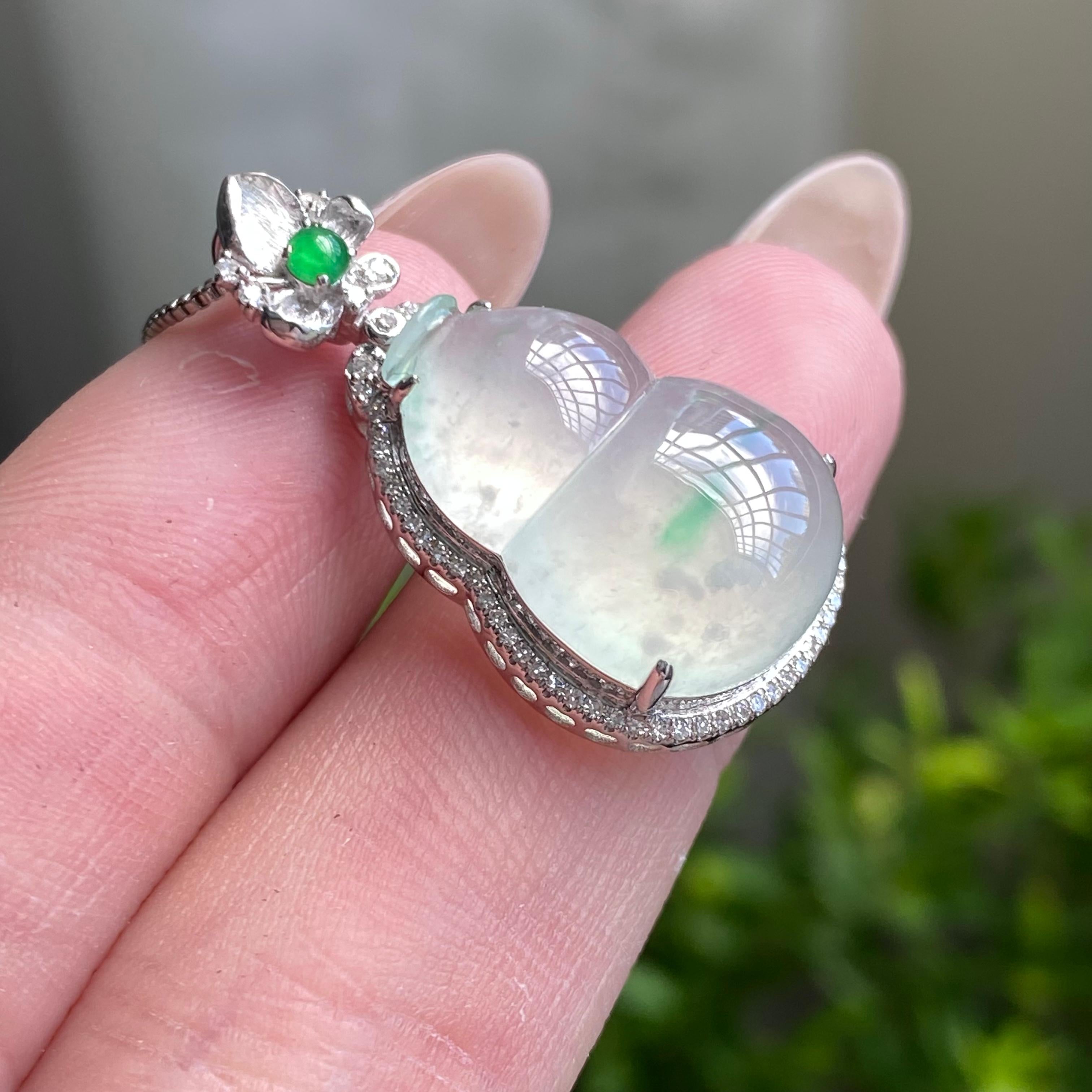 18k金钻镶冰种飘花葫芦吊坠（yc204465）