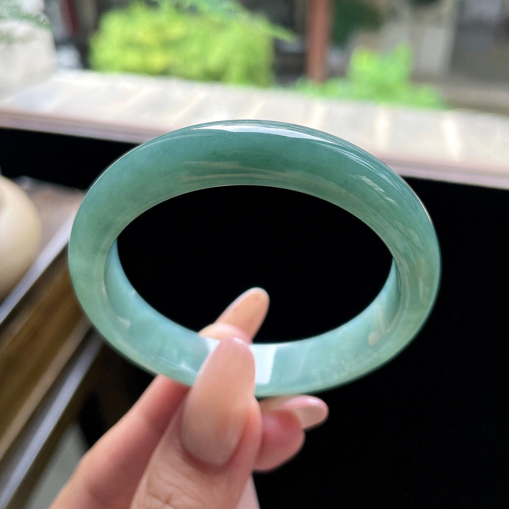 小圈口 细糯种油青色湖水绿正圈平安镯 52圈 天然缅甸A货翡翠（yc693162）