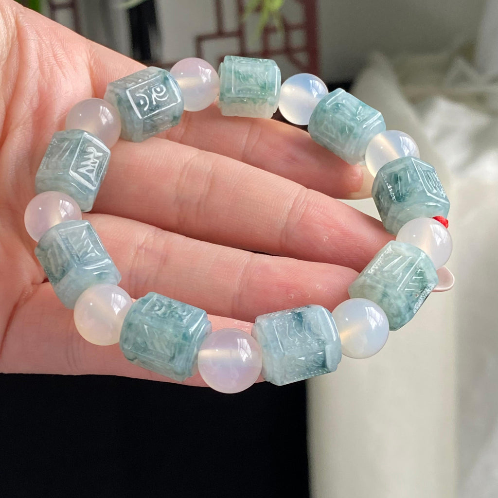 糯冰种飘花六字真言单圈手串（yc196880）