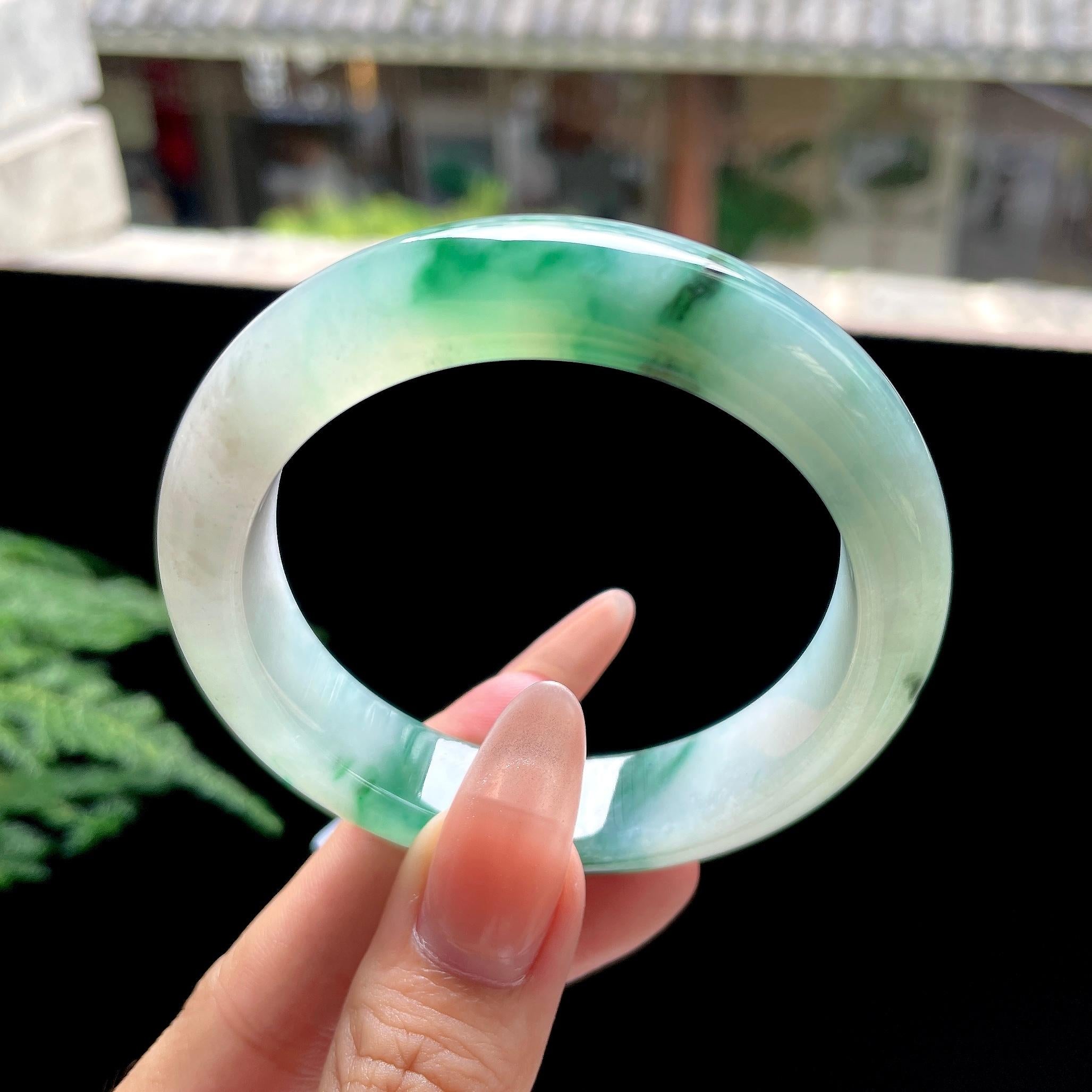 糯冰种绿飘花正圈平安镯 54圈口 天然缅甸A货翡翠（yc527796）