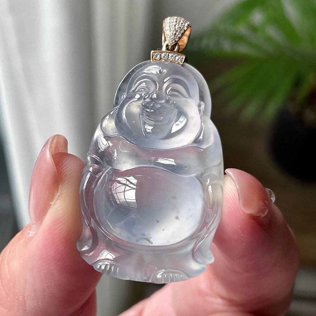 18K金钻镶冰种雪花棉佛公吊坠 天然缅甸A货翡翠（yc522681）