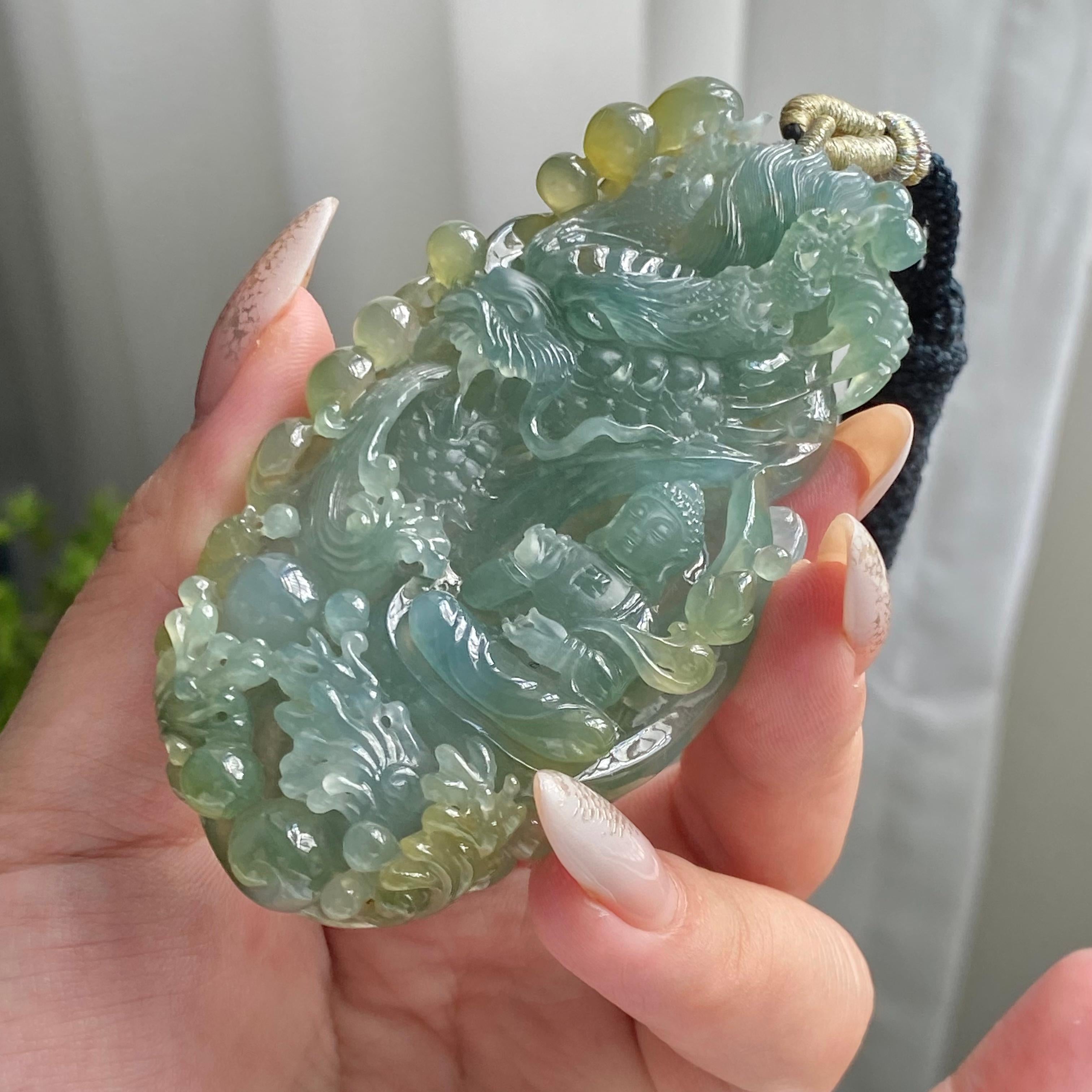 糯冰种双彩神龙护主牌吊坠（yc214691）