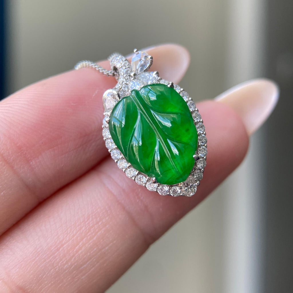 18k金钻镶冰种阳绿玉叶吊坠（yc209950）