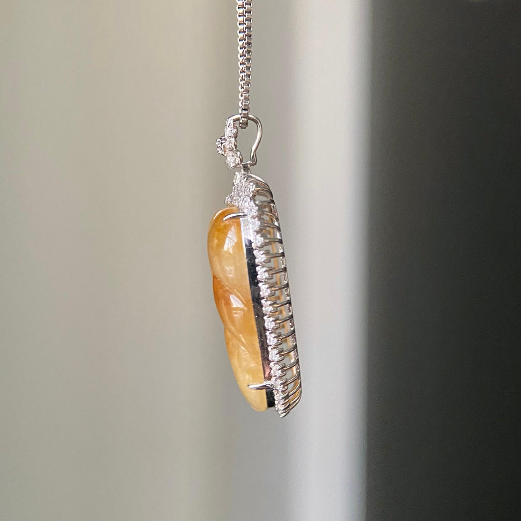 18k金钻镶冰种黄翡玉叶吊坠（yc219270）