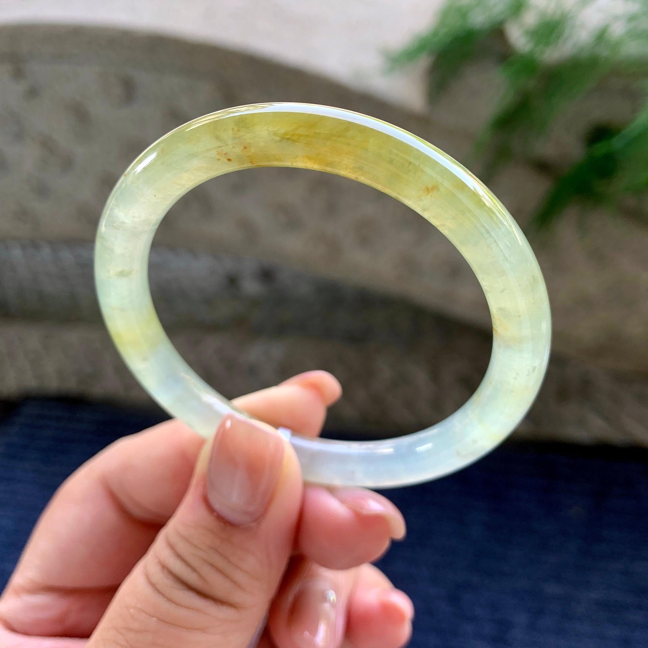 小圈口 糯冰种黄翡圆条手镯 51.5圈口 天然缅甸A货翡翠（yc498079）