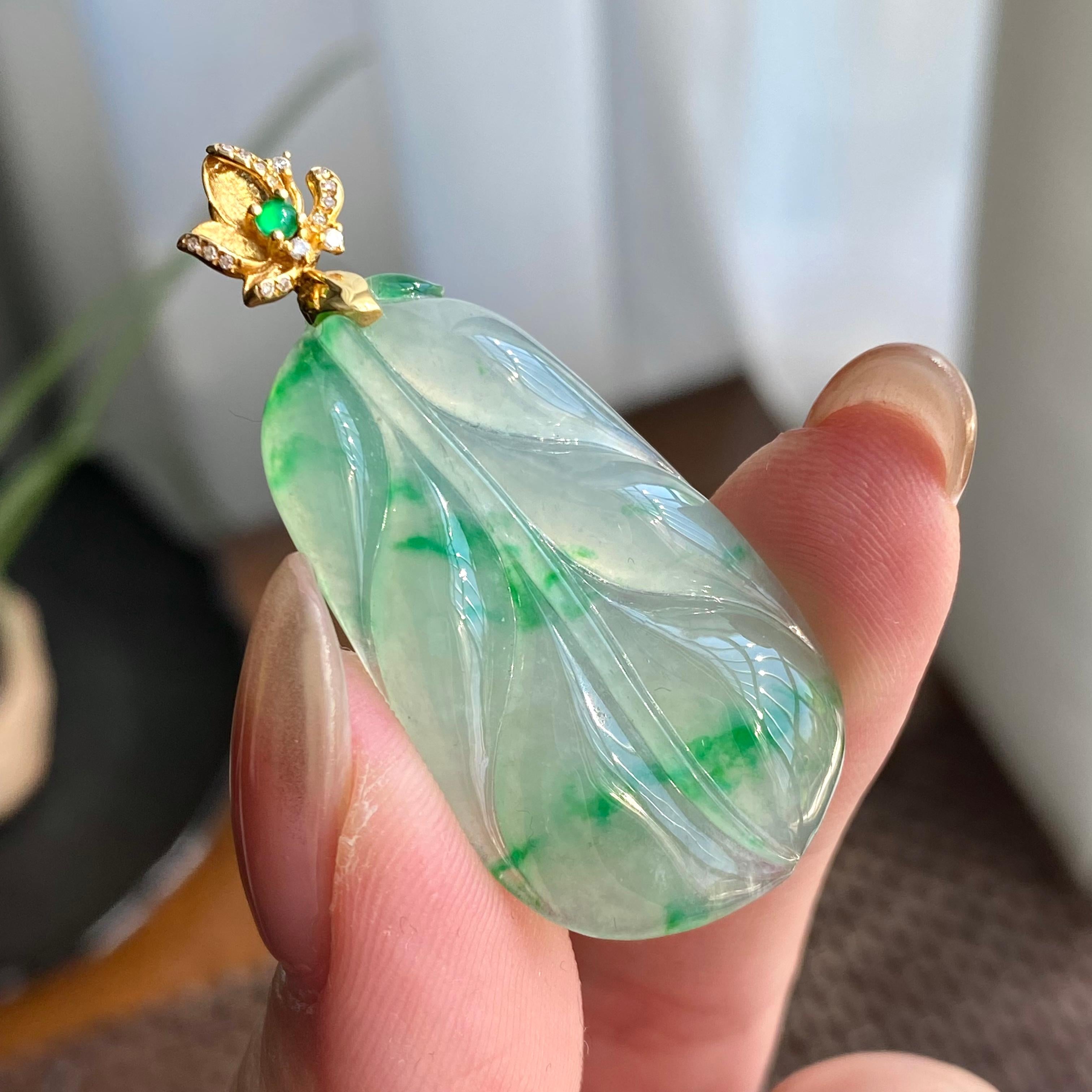 18k金钻镶冰种飘花玉叶吊坠（yc266215）