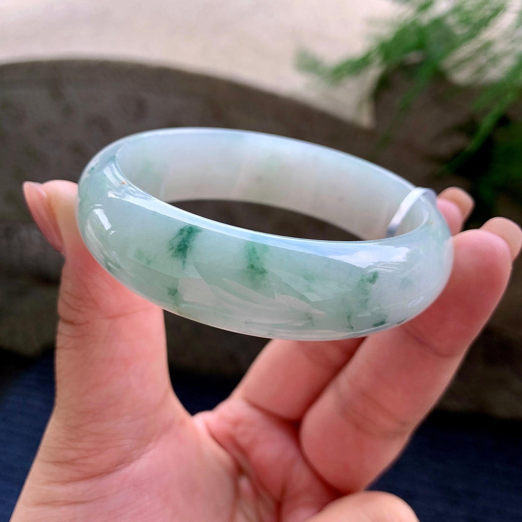 大圈口 细糯种飘绿花洒金宽版轮胎手镯 58.3圈口 天然缅甸A货翡翠（yc496412）