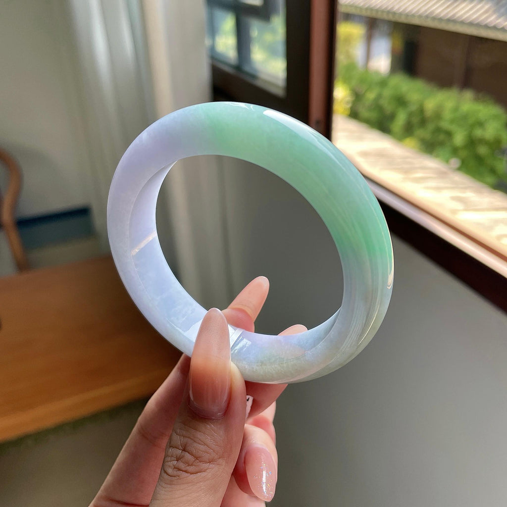 大圈口 细糯种春彩正圈平安镯 58.3圈口 天然缅甸翡翠A货翡翠（yc508703）