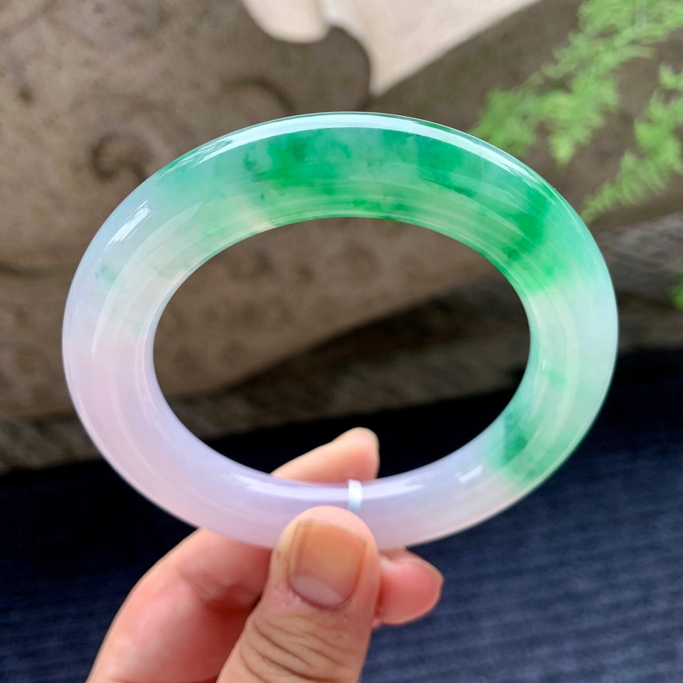糯冰种紫罗兰飘绿圆条手镯（58.2mm）（yc165859）
