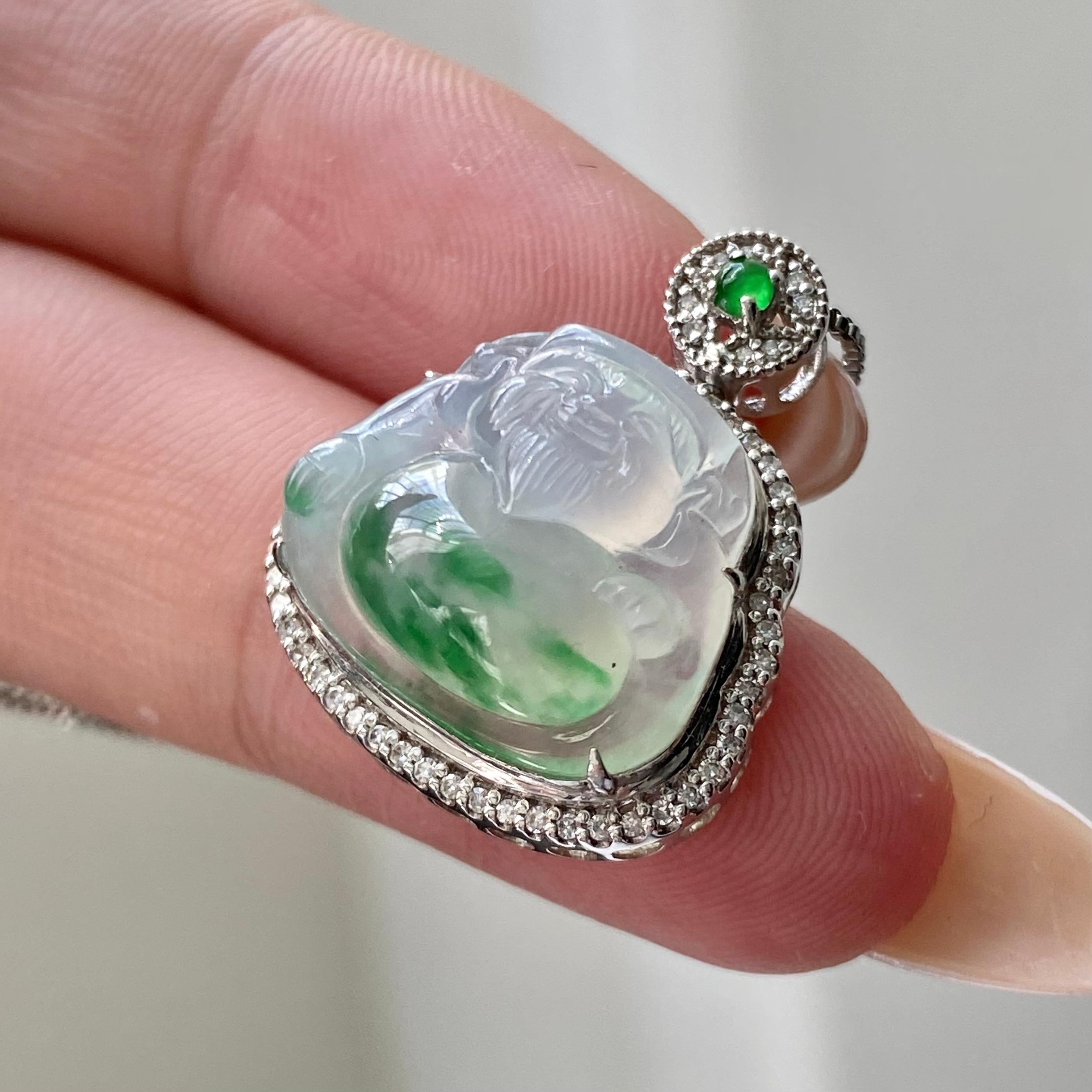 18k金钻镶冰种飘花财神吊坠（yc204856）