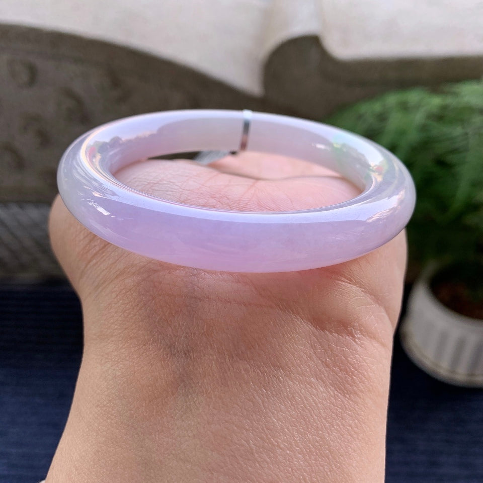 糯冰种紫罗兰飘绿花圆条手镯（55mm）（yc079318）