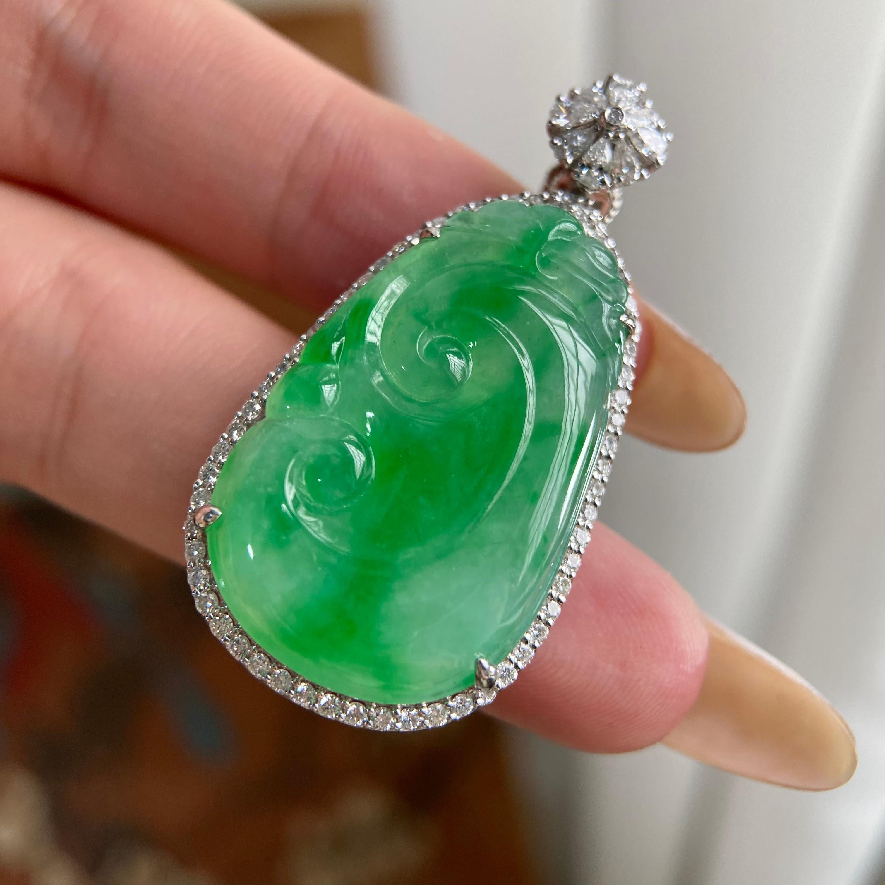 18k金钻镶糯冰种满绿如意吊坠（yc223807）