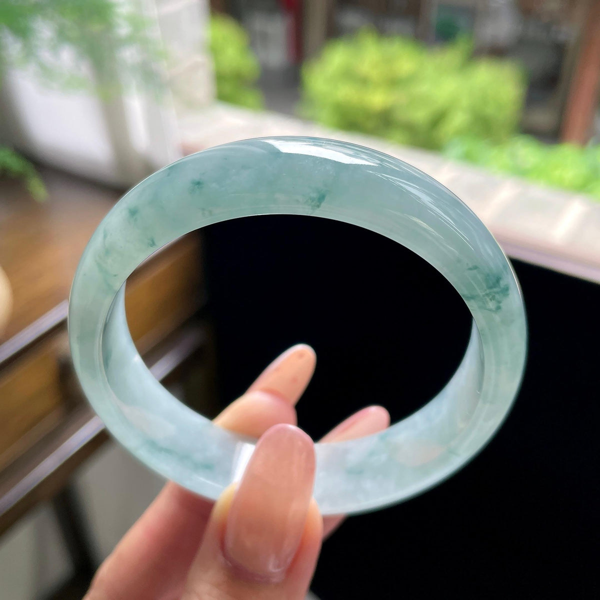 糯冰种蓝飘花宽版正圈平安镯 57圈（yc709485）