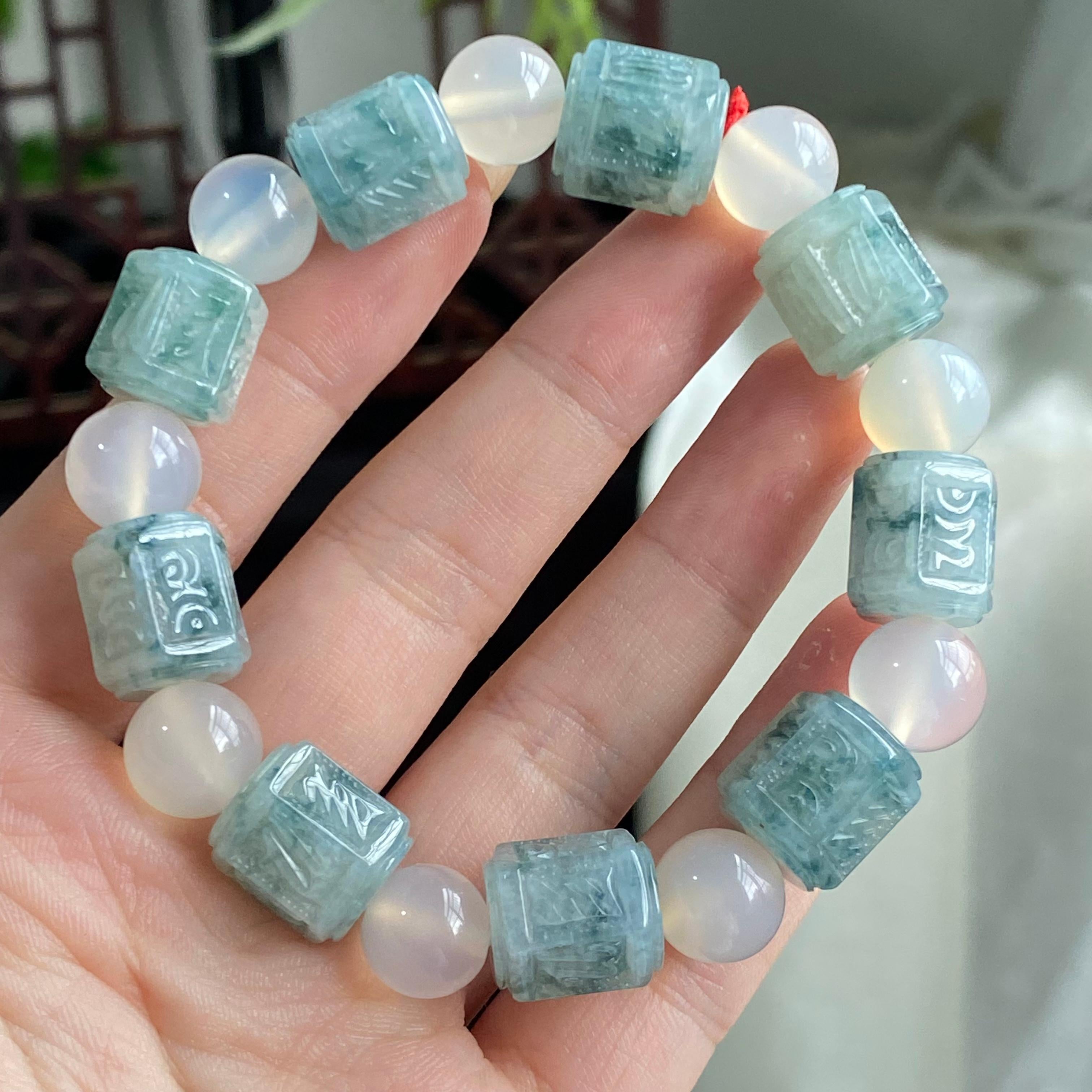 糯冰种飘花六字真言单圈手串（yc196880）