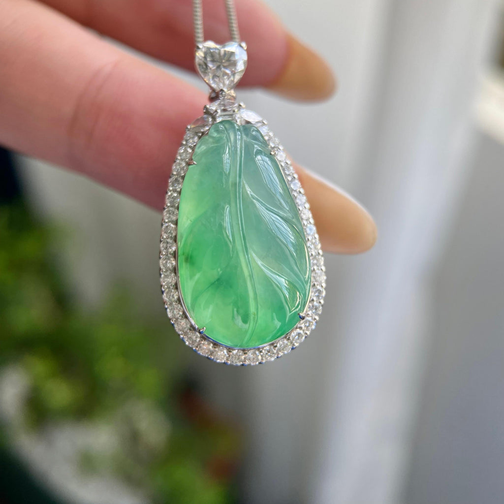 18k金钻镶冰种飘花玉叶吊坠（yc217131）