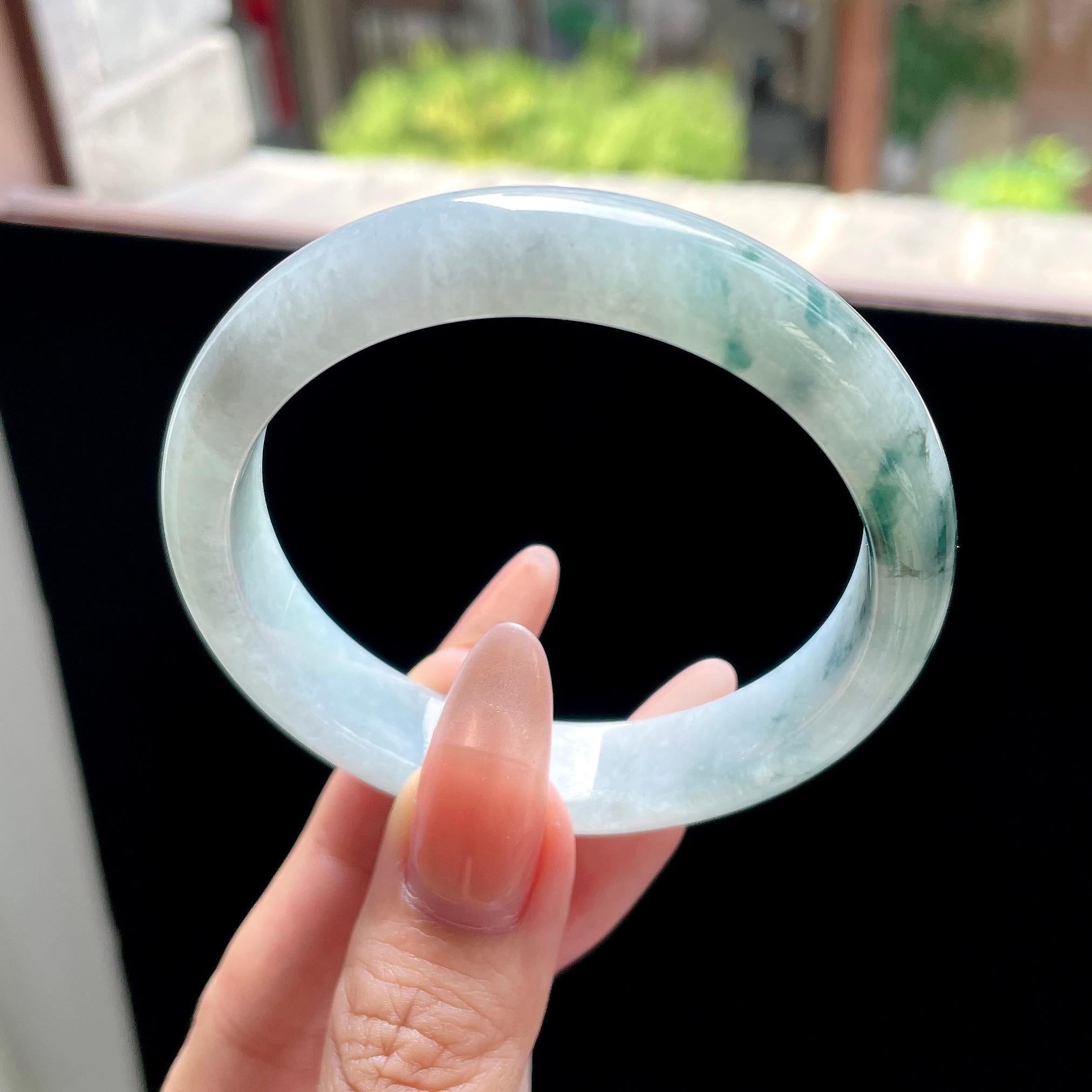 糯种蓝飘花正圈平安镯 56圈 天然缅甸A货翡翠（yc522691）