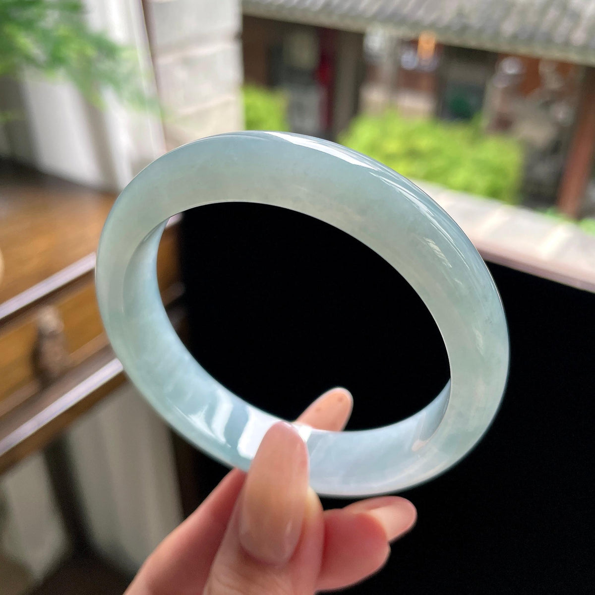 细糯种晴蓝底正圈平安镯 57圈 天然缅甸A货翡翠（yc696401）