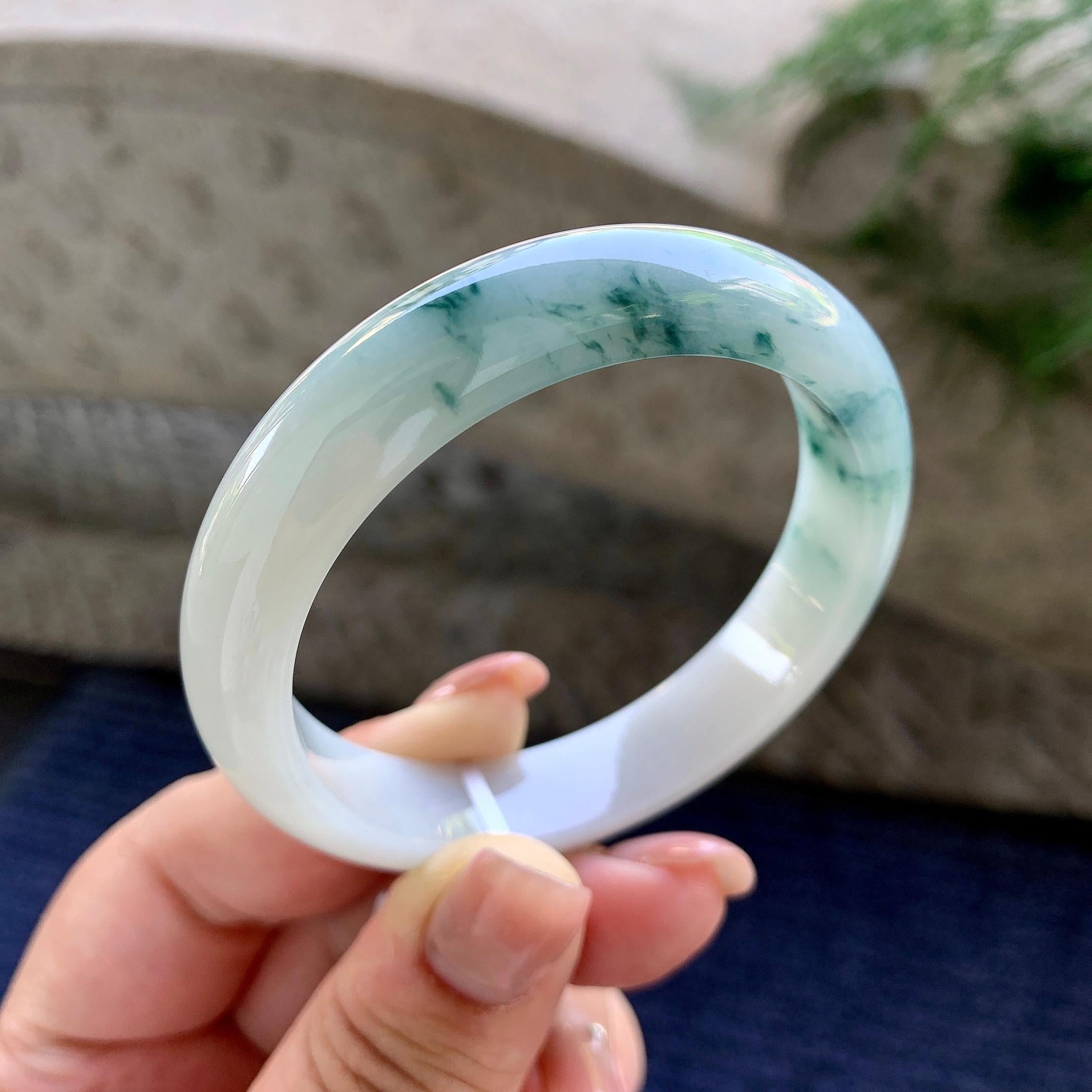 细糯种飘蓝花正圈平安镯 52圈口 天然缅甸A货翡翠（yc501089）