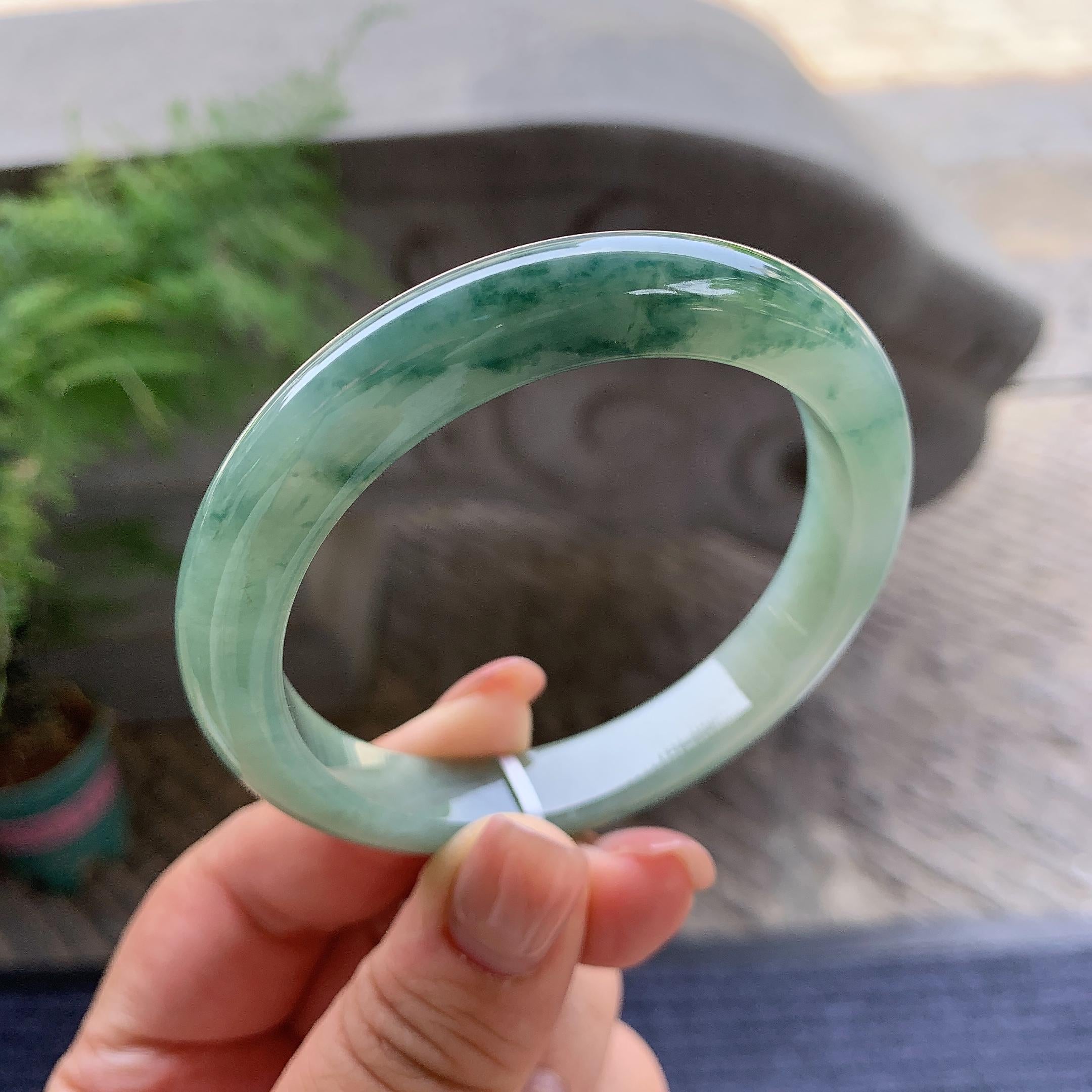 细糯种飘蓝花正圈平安镯 55.7圈口 天然缅甸A货翡翠（yc501355）