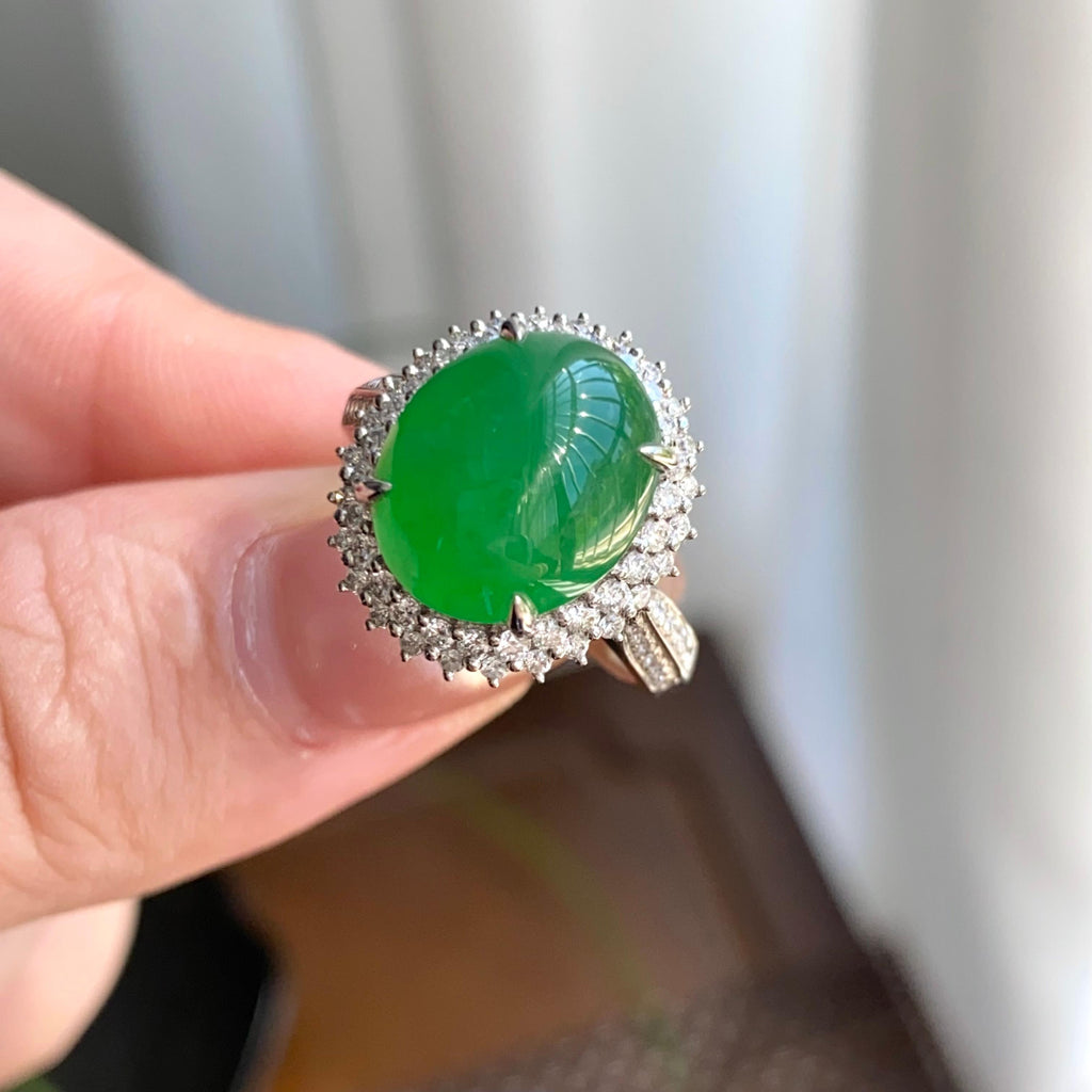 18k金钻镶冰种满绿蛋面戒指（yc264991）