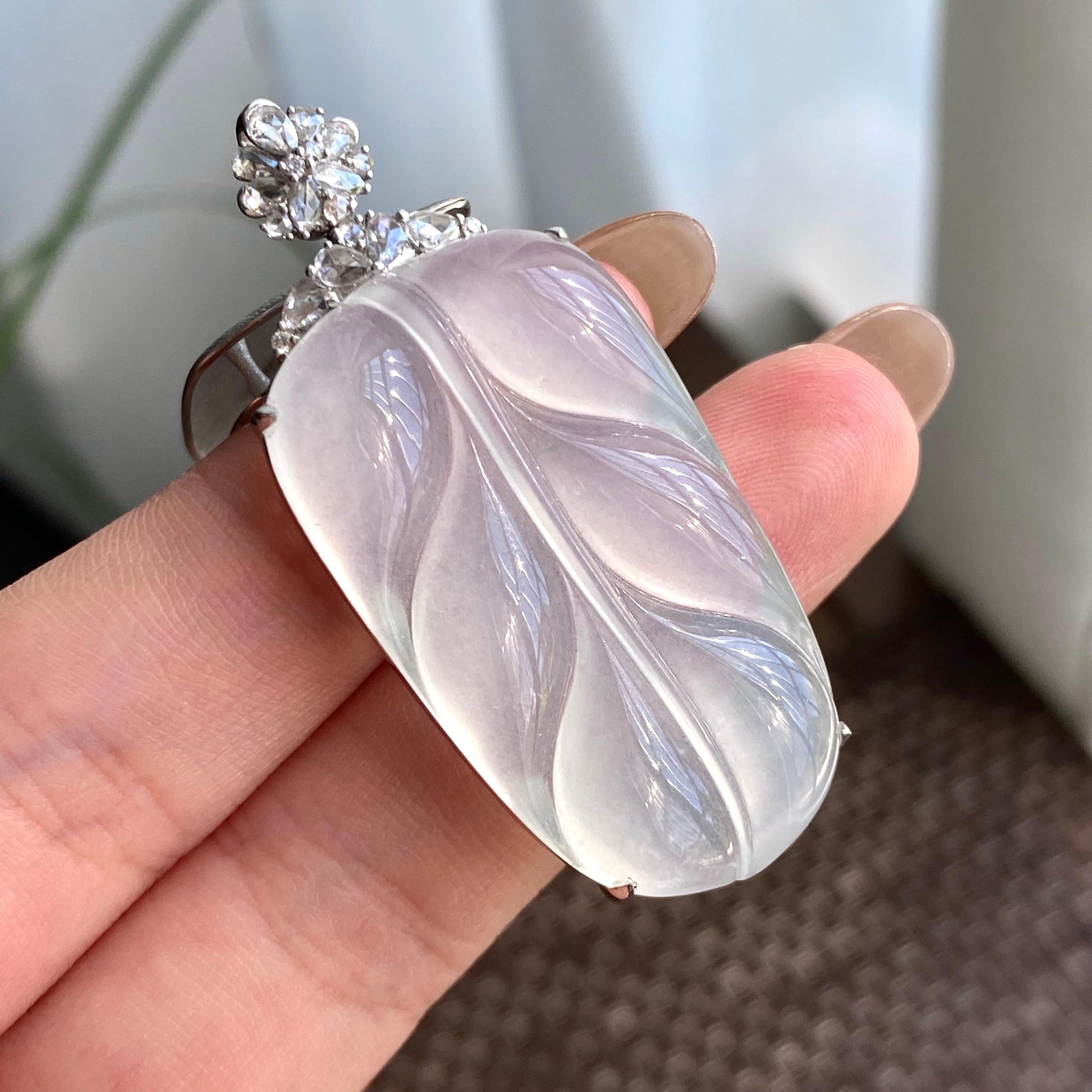 18k金钻镶冰种白月光玉叶吊坠（yc266179）