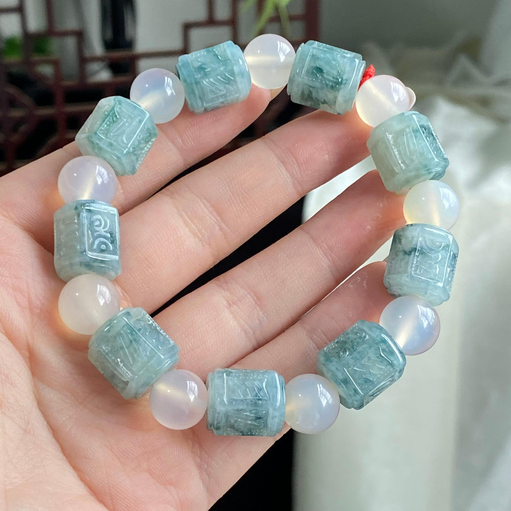 糯冰种飘花六字真言单圈手串（yc196880）