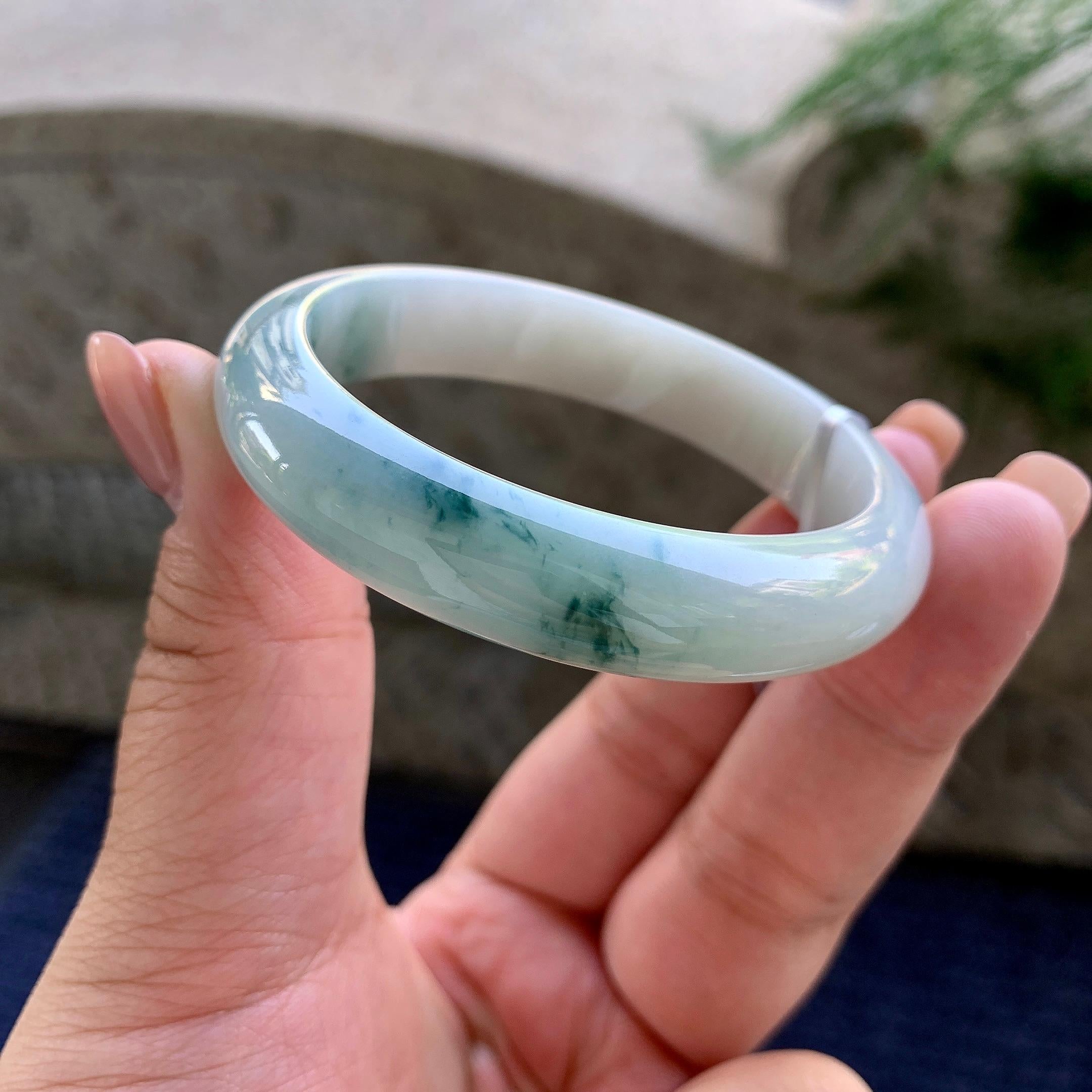 细糯种飘蓝花正圈平安镯 52圈口 天然缅甸A货翡翠（yc501089）