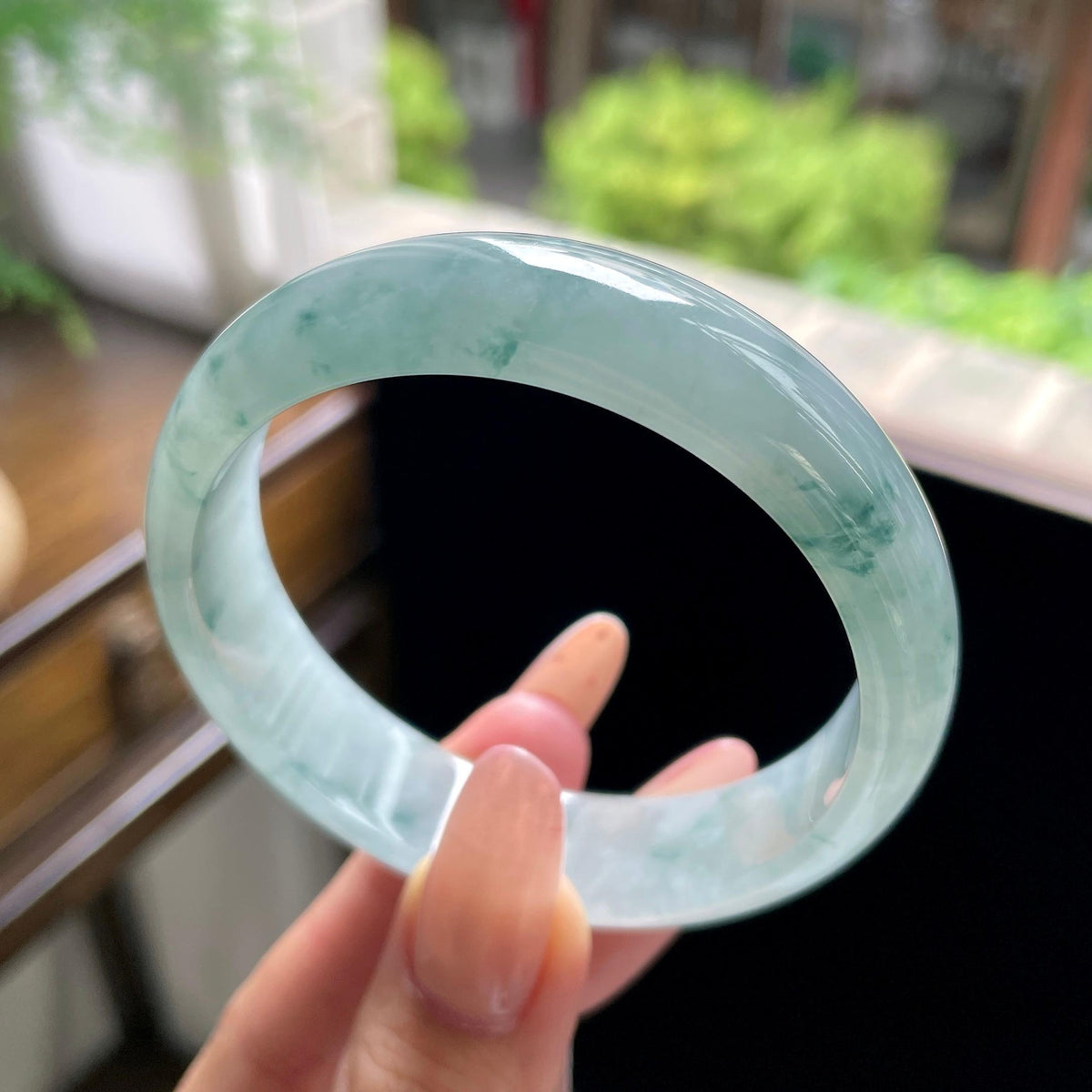 糯冰种蓝飘花宽版正圈平安镯 57圈（yc709485）