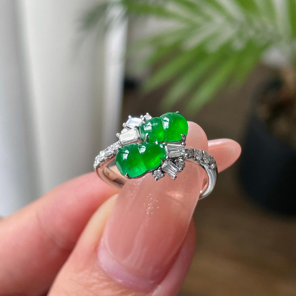18K金镶满绿葫芦戒指 天然缅甸A货翡翠（yc534467）