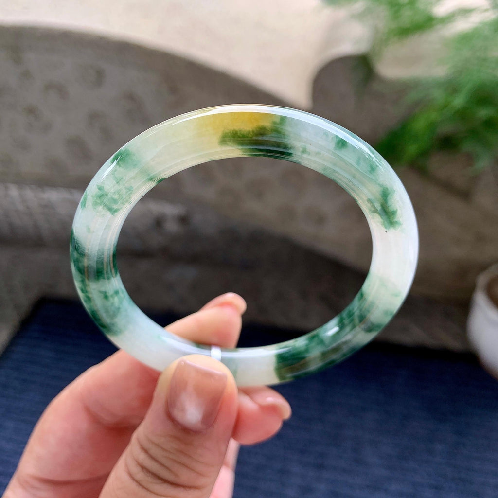 小圈口 细糯种黄翡飘蓝花圆条手镯 51.8圈口 天然缅甸A货翡翠（yc703338）