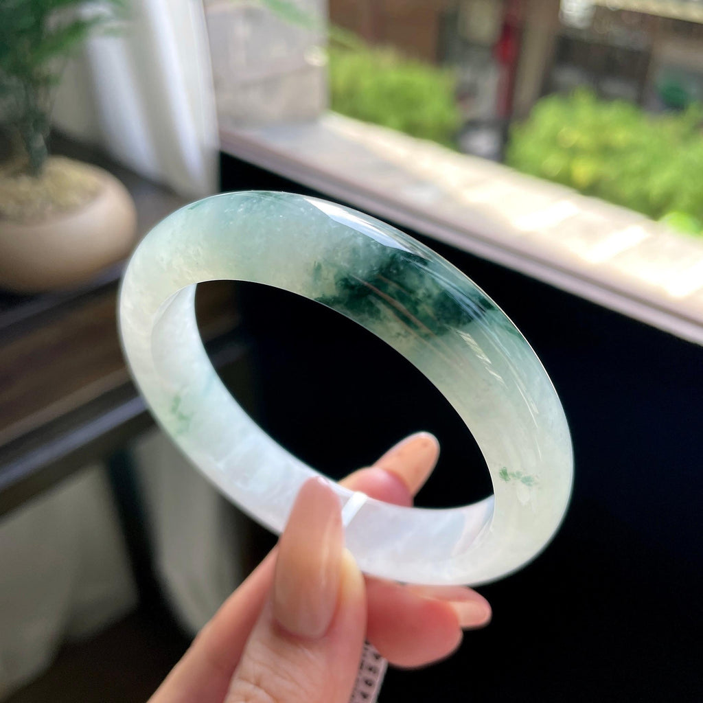 糯冰种绿飘花正圈平安镯 57圈 天然缅甸A货翡翠（yc693134）