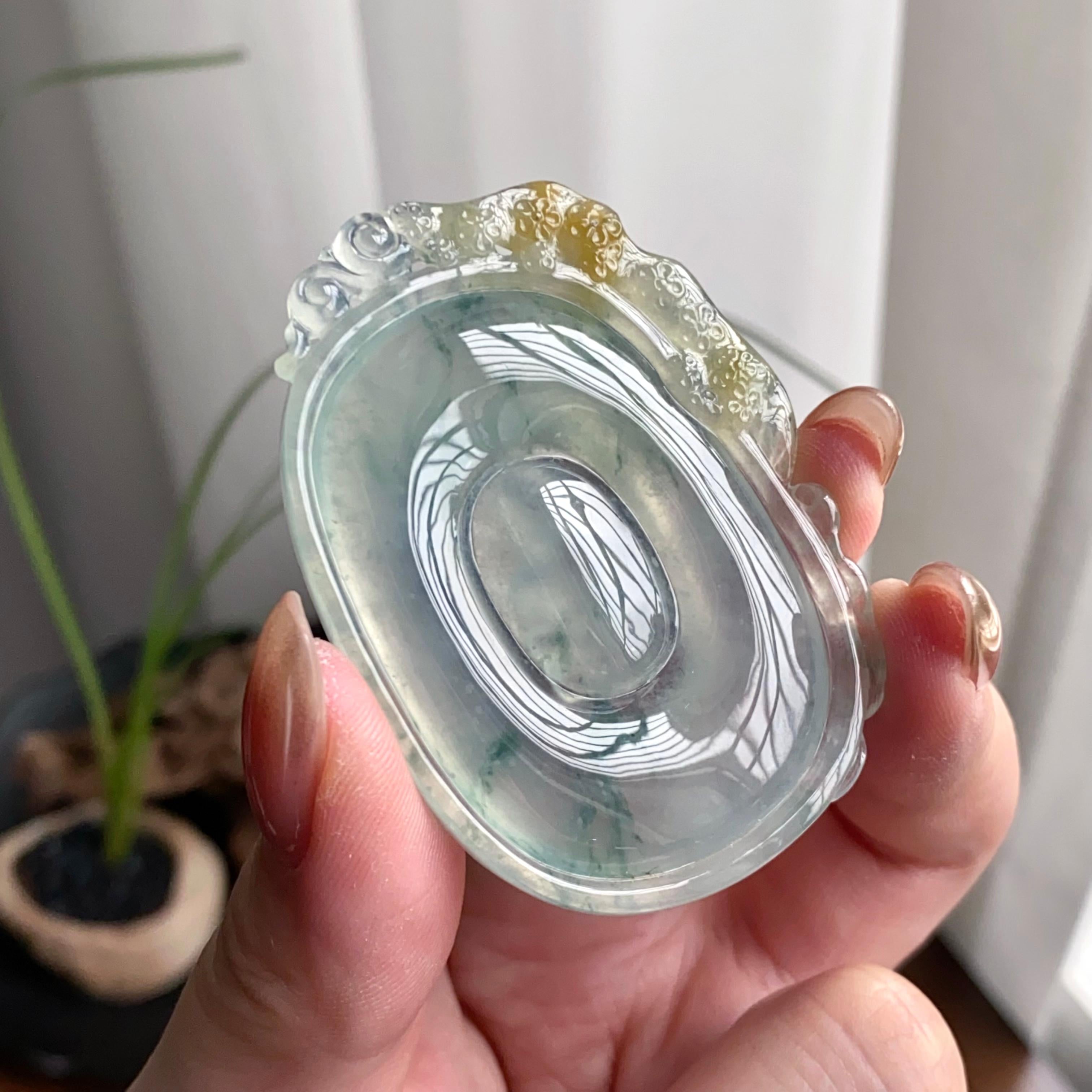 冰种黄加绿飘花佛牌吊坠（yc260833）