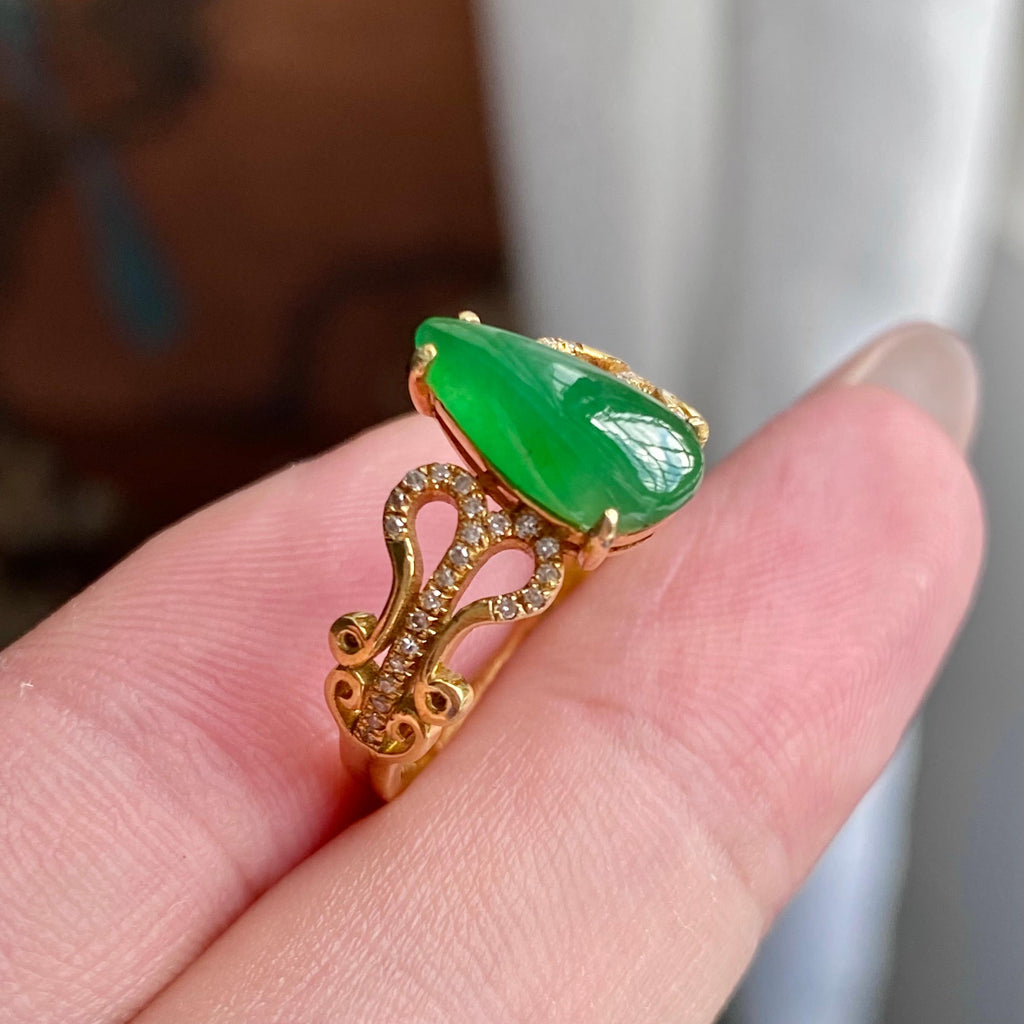 18k金钻镶冰种满绿水滴戒指（yc235123）