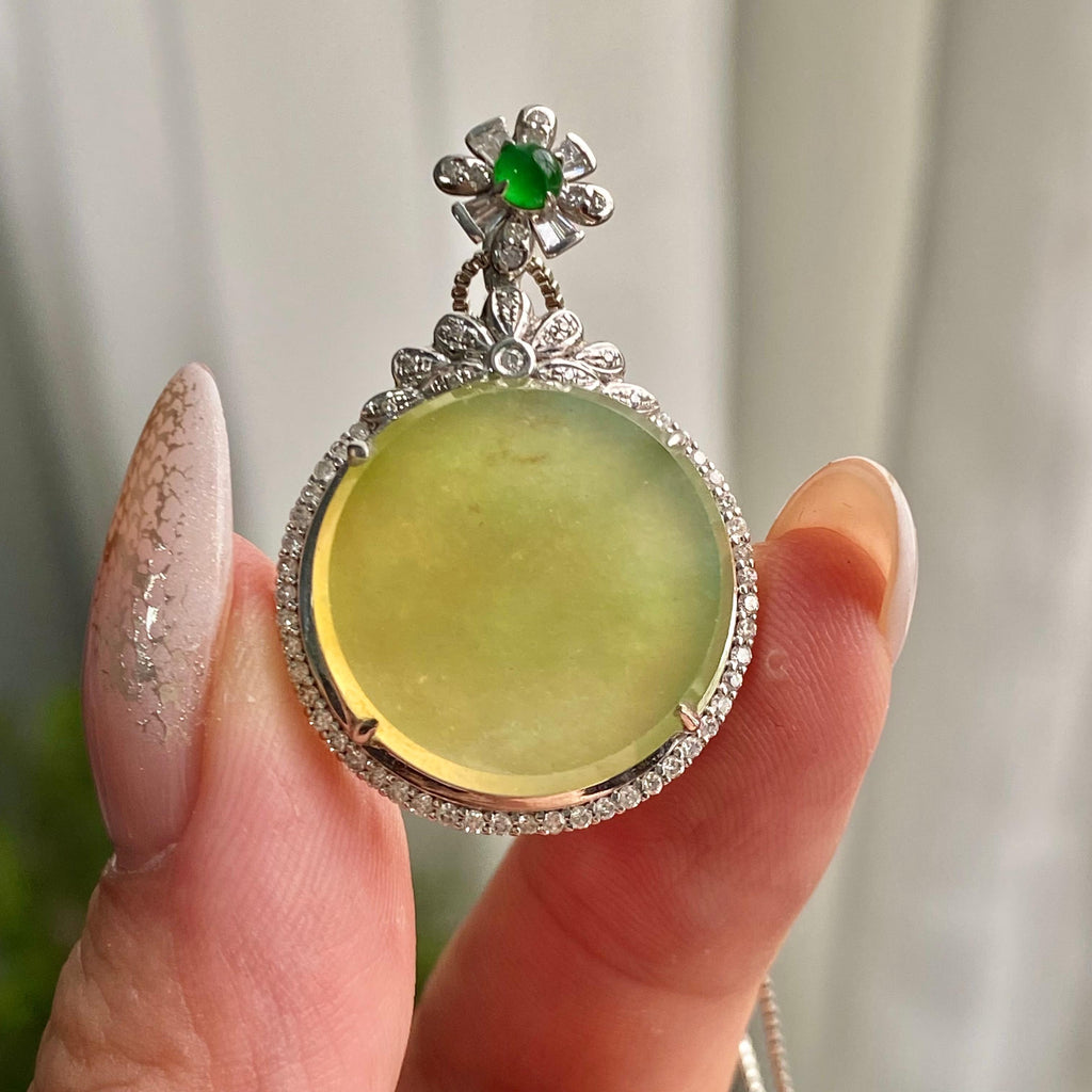 18k金钻镶冰种黄翡圆牌吊坠（yc206764）