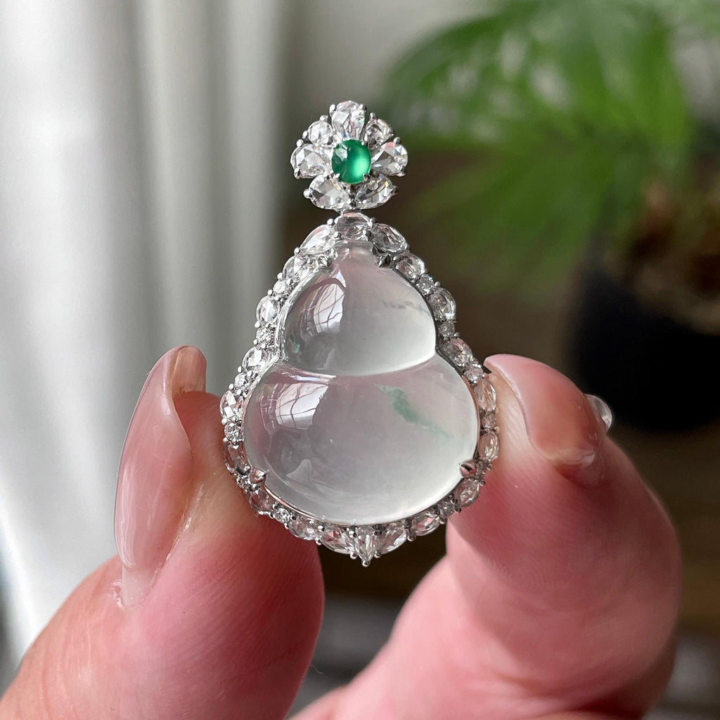 18K金钻镶冰种飘蓝花葫芦吊坠 天然缅甸A货翡翠（yc527787）