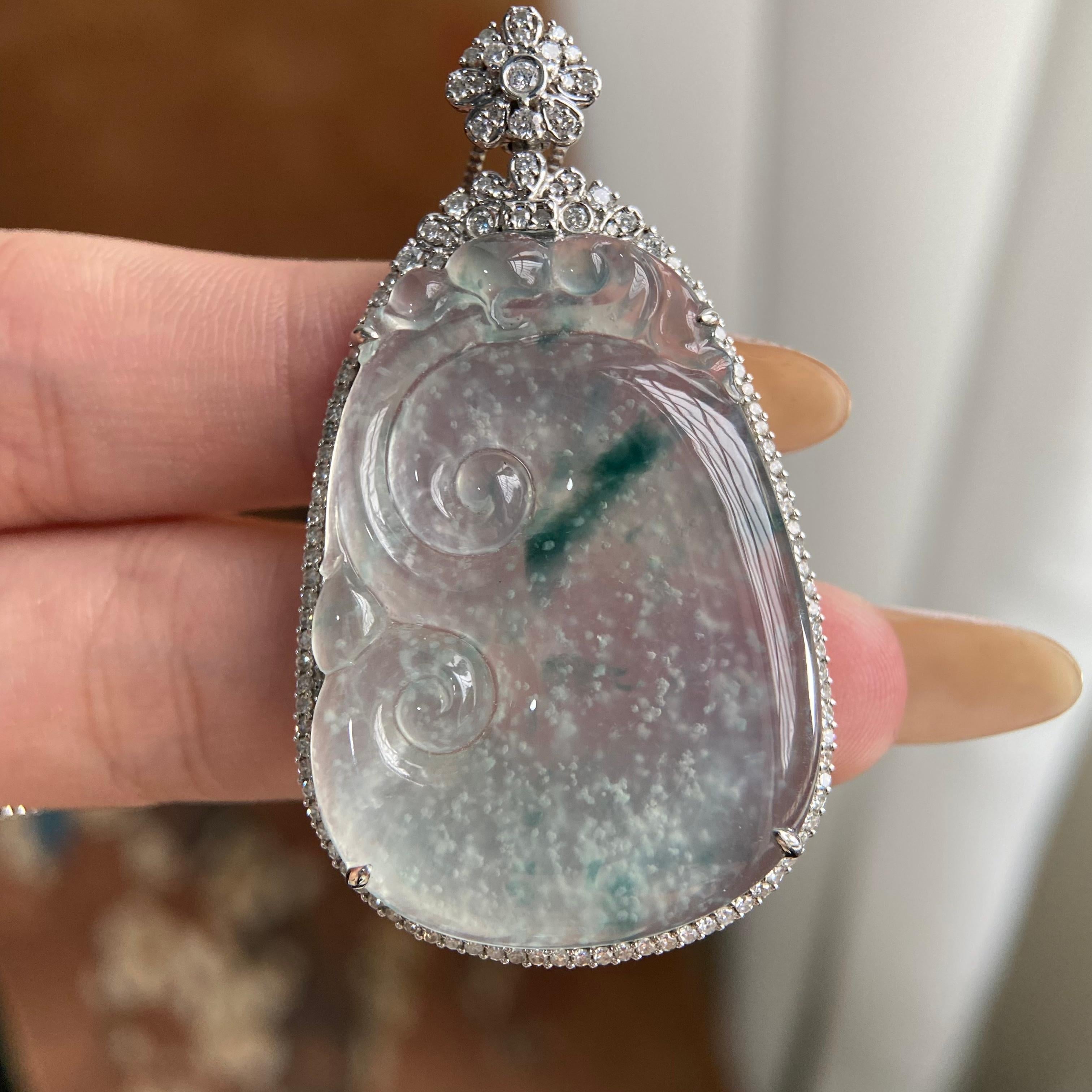 18k金钻镶冰种雪花棉飘花如意吊坠（yc223928）