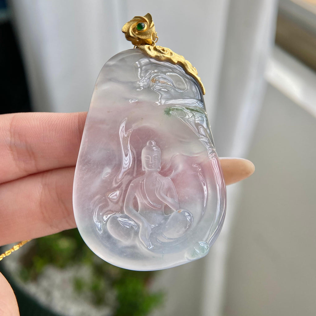 18k金镶冰种飘花悟道牌吊坠（yc216340）