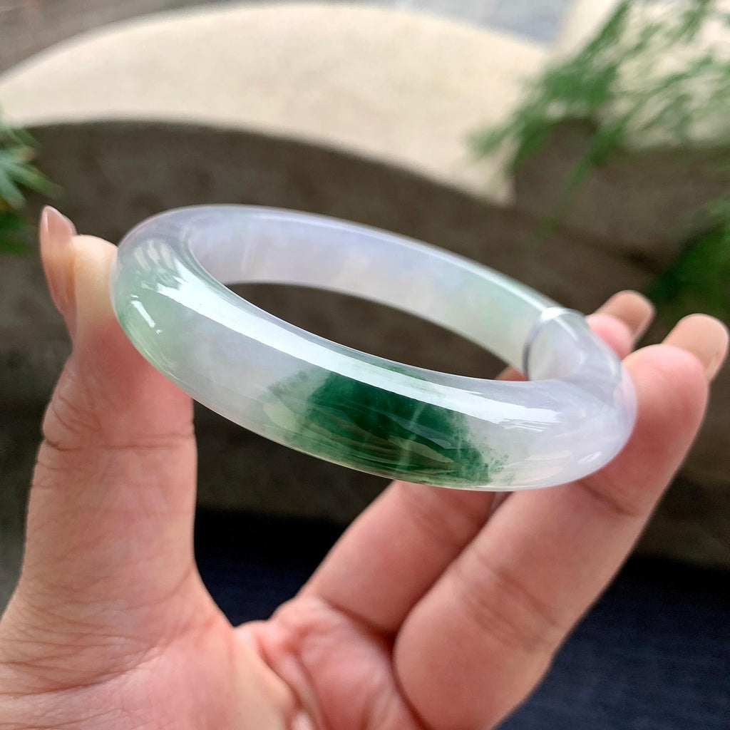 糯冰种淡紫底飘蓝花正圈平安镯 56圈口 天然缅甸A货翡翠（yc701150）