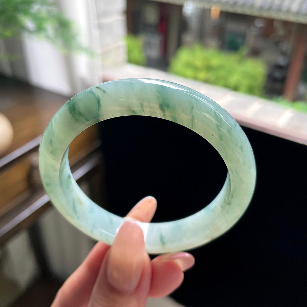 细糯种绿飘花正圈平安镯 53.5圈 天然缅甸A货翡翠（yc696412）