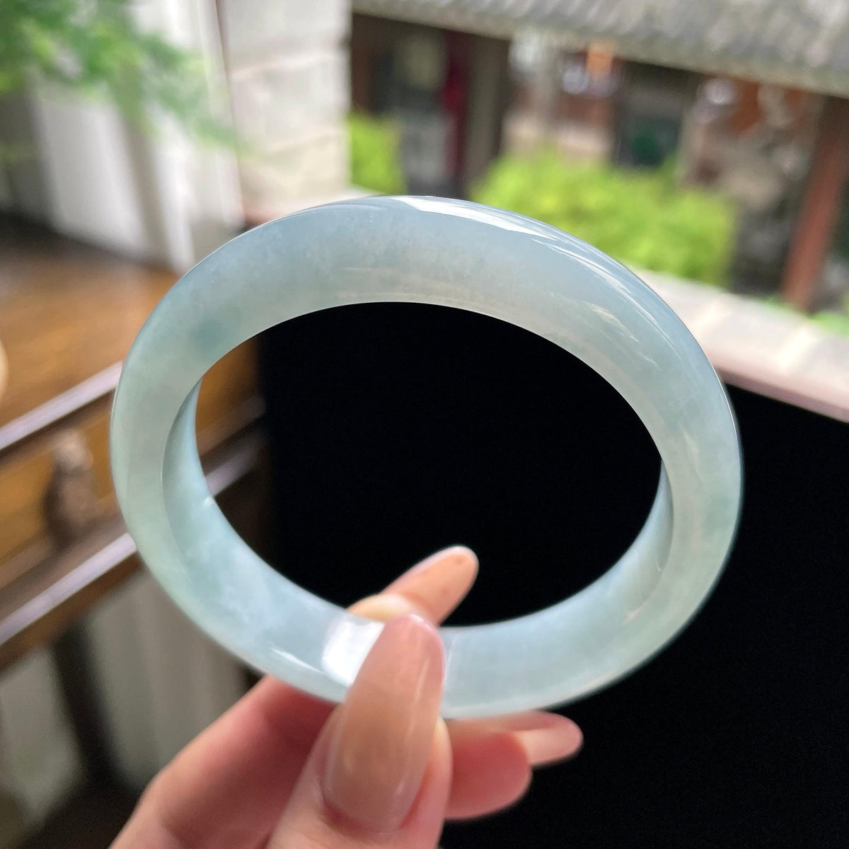 细糯种晴蓝底正圈平安镯 57圈 天然缅甸A货翡翠（yc696401）