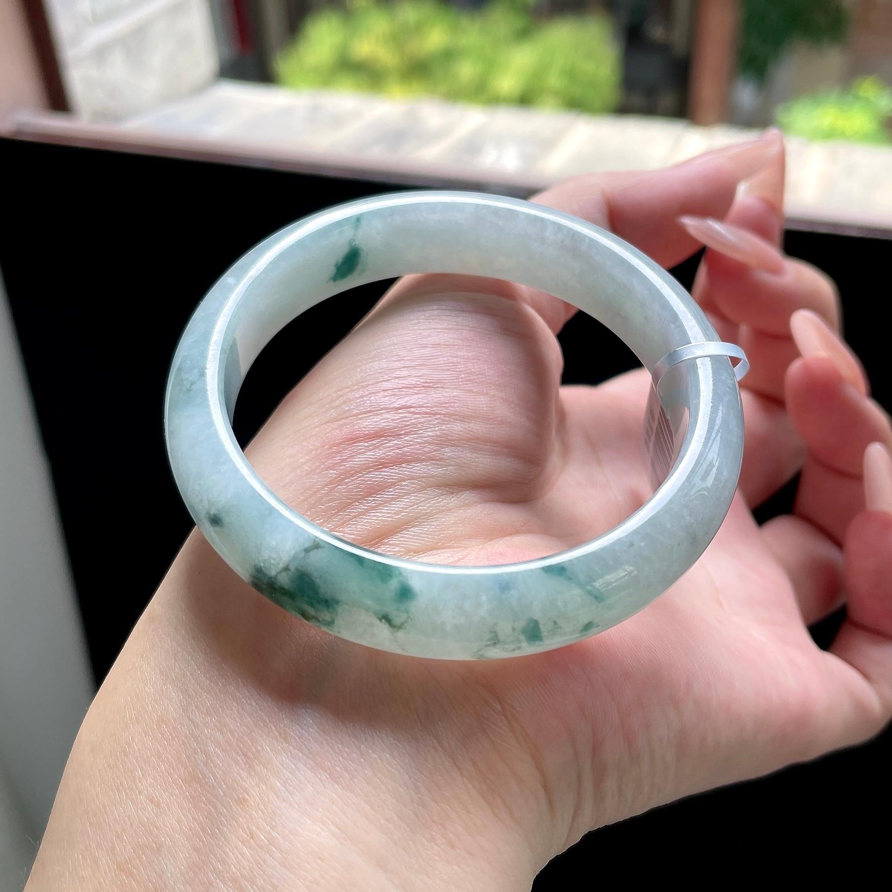 糯种蓝飘花正圈平安镯 56圈 天然缅甸A货翡翠（yc522691）