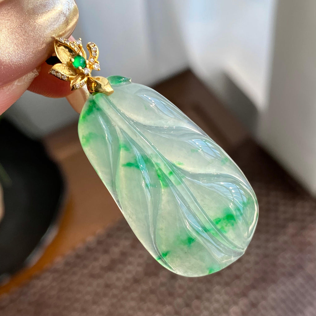 18k金钻镶冰种飘花玉叶吊坠（yc266215）