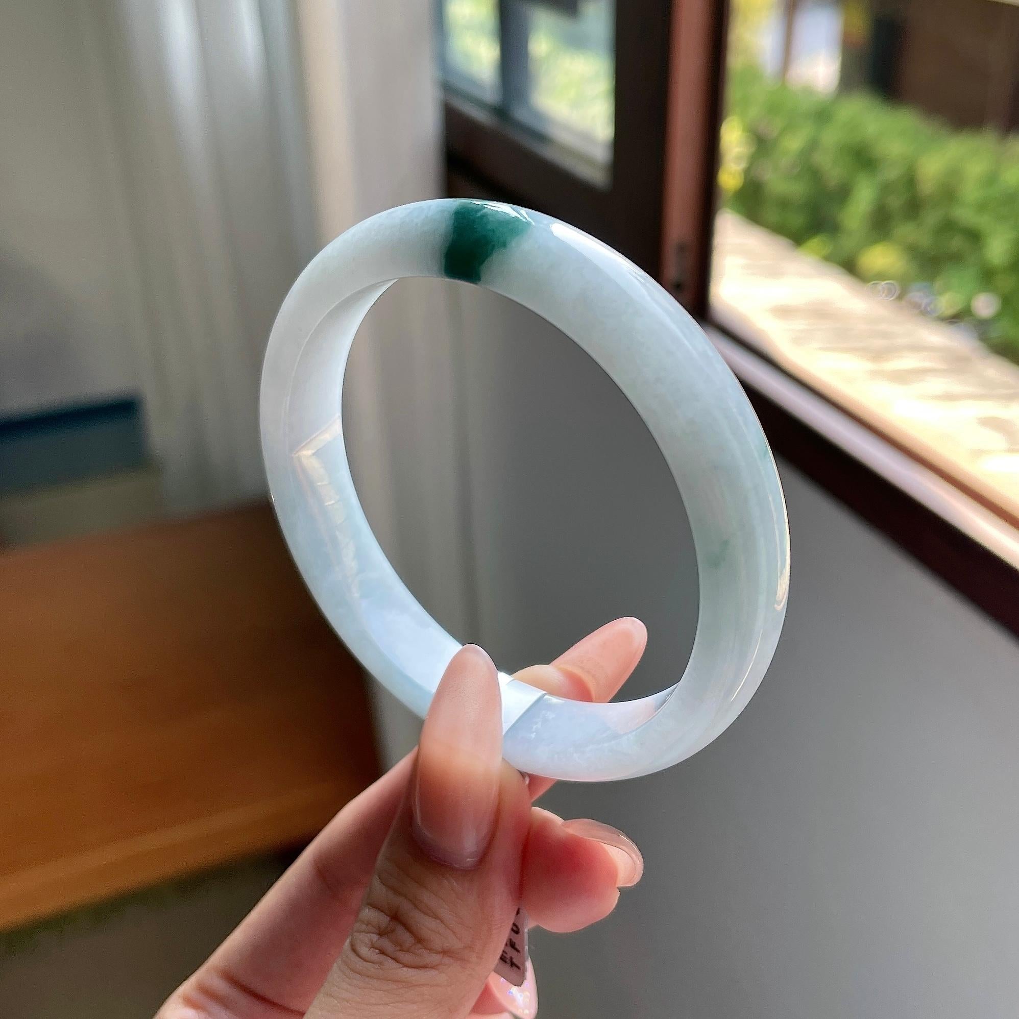 大圈口 糯种蓝飘花正圈平安镯 60圈口 天然缅甸货翡翠（yc508734）