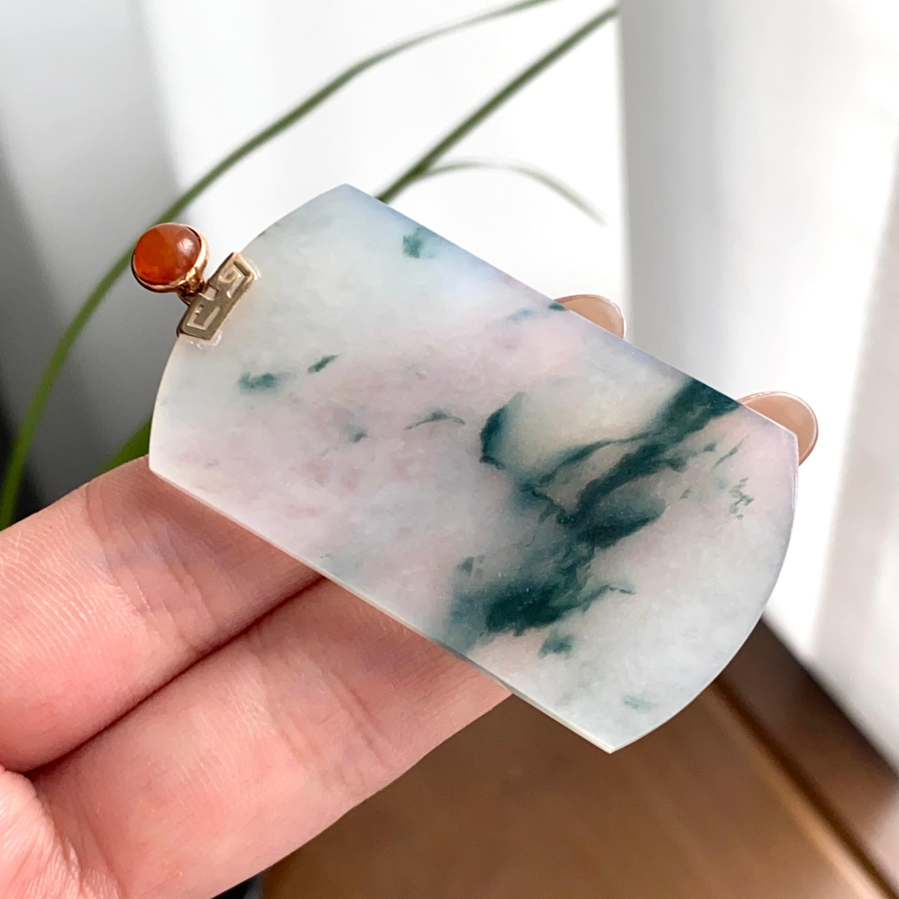 18k金镶冰种飘花无事牌吊坠（yc262722）