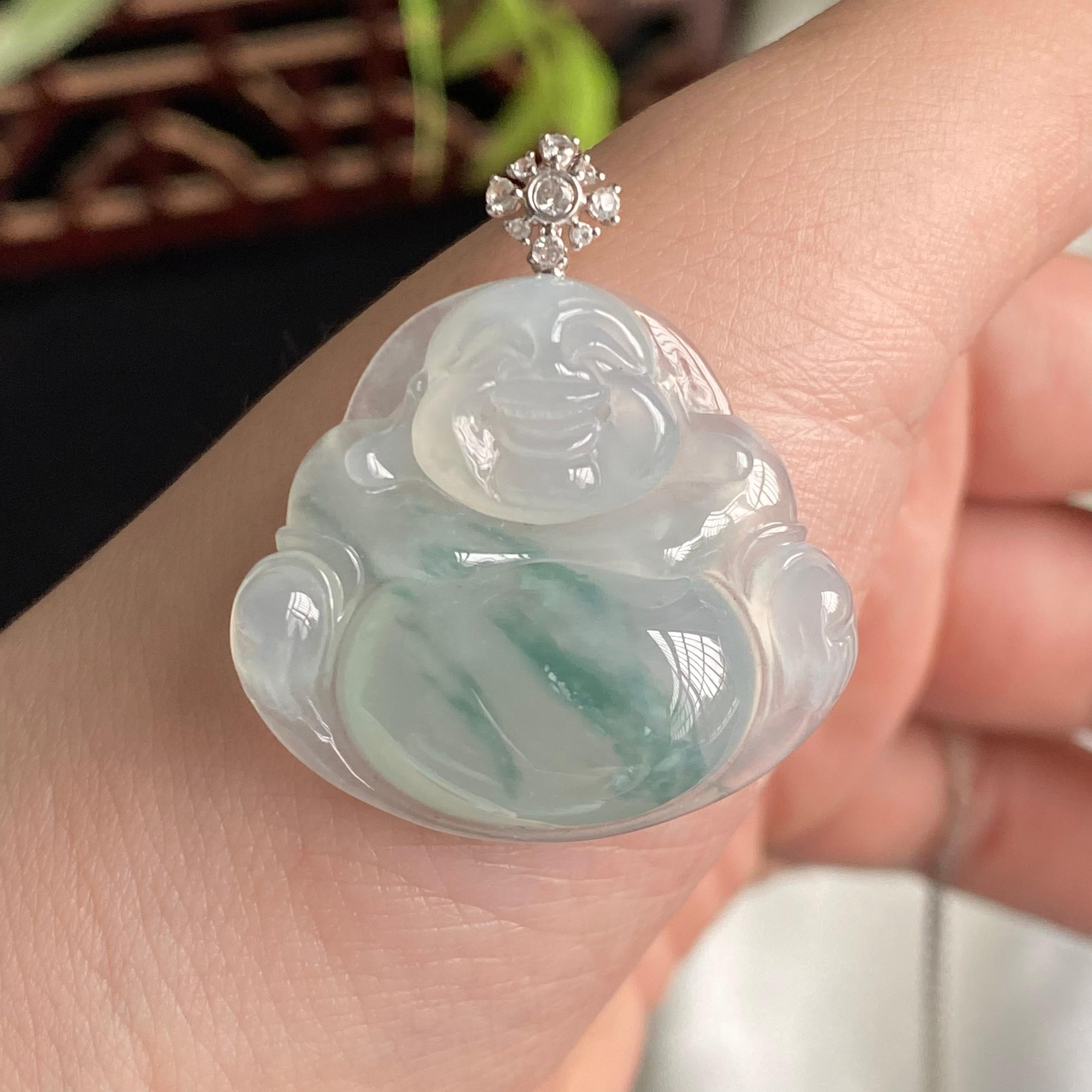 18k金钻镶冰种飘花佛公吊坠（yc197329）