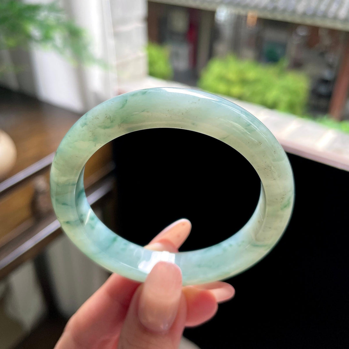细糯种绿飘花正圈平安镯 53.5圈 天然缅甸A货翡翠（yc696412）
