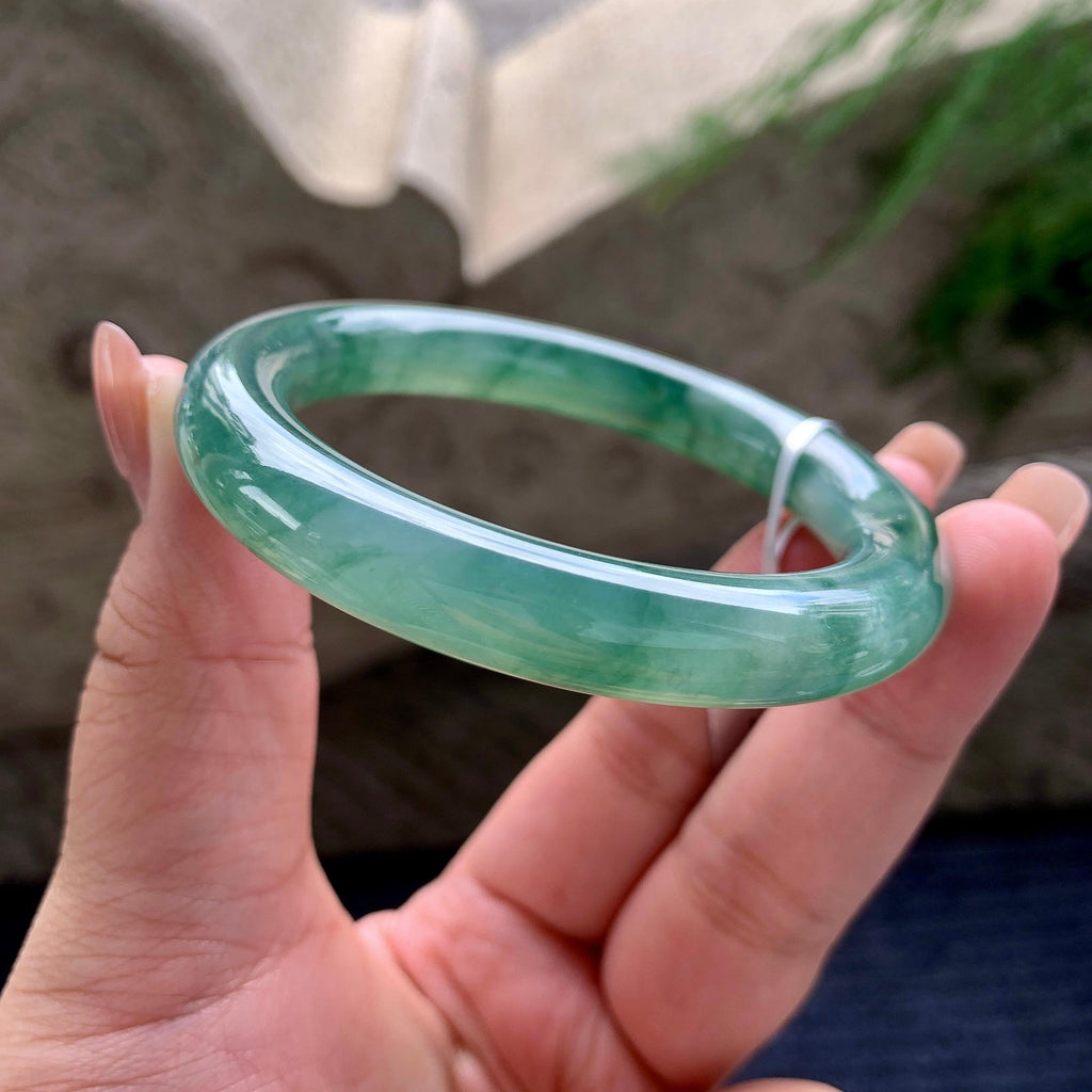 糯冰种晴底飘绿花圆条手镯 54圈口 天然缅甸A货翡翠（yc536169）