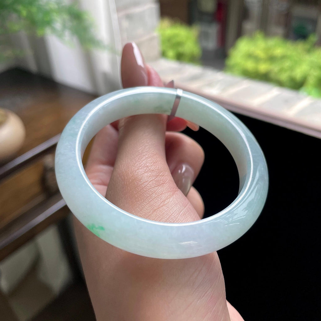 小圈口细糯种白底青正圈平安镯 52圈 天然缅甸A货翡翠（yc696406）