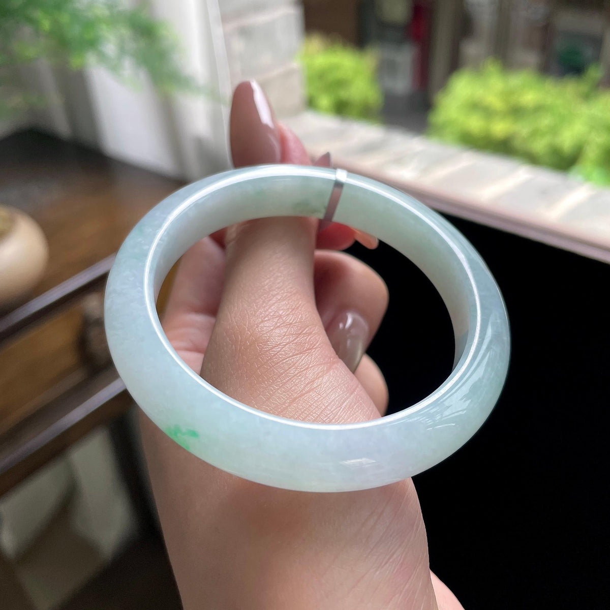 小圈口细糯种白底青正圈平安镯 52圈 天然缅甸A货翡翠（yc696406）