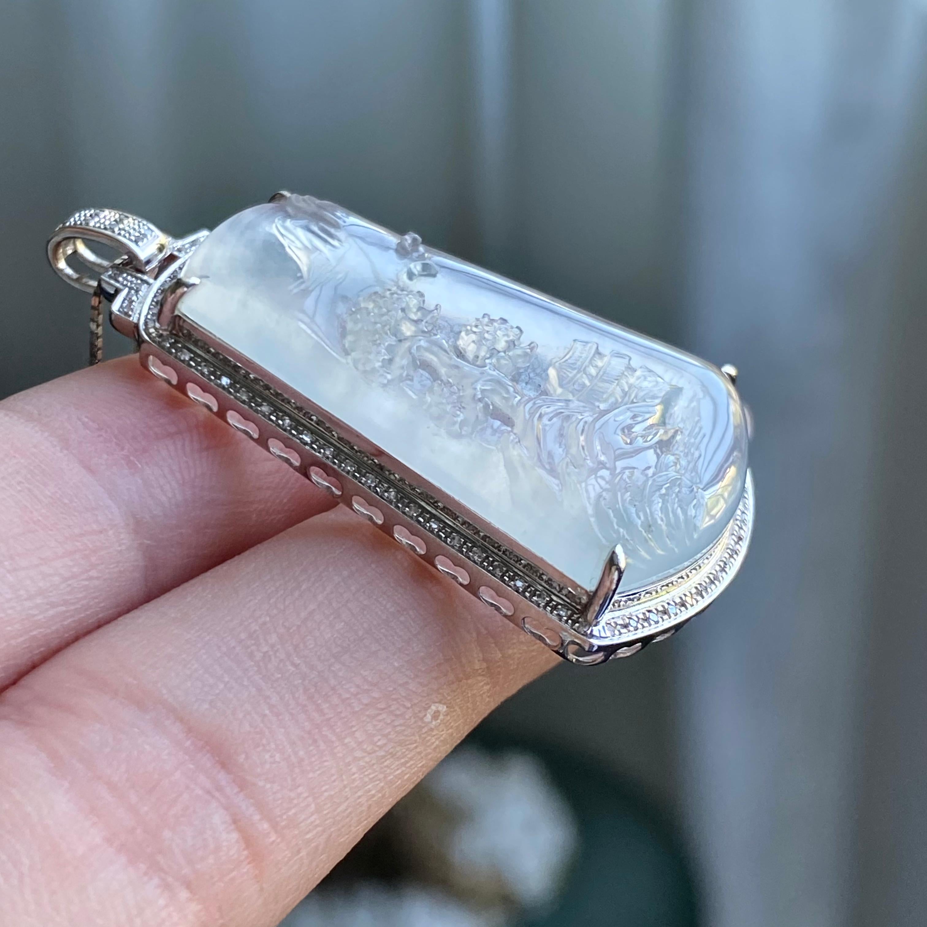 18k金钻镶冰种白月光山水牌吊坠（yc205093）